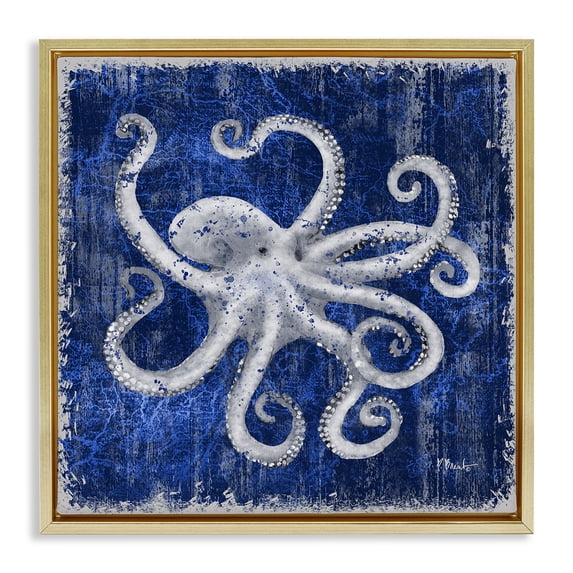 Stupell Industries Contemporary Rustic Indigo Octopus Gold Floating Frame Canvas Art, 25 x 25, by Paul Brent