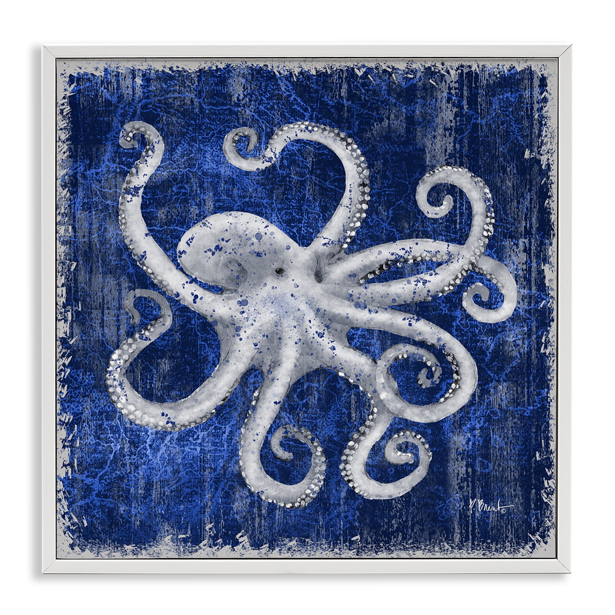 Stupell Industries Rustic Indigo Octopus Nautical & Beach Painting White Framed Art Print Wall Art, 17 x 17