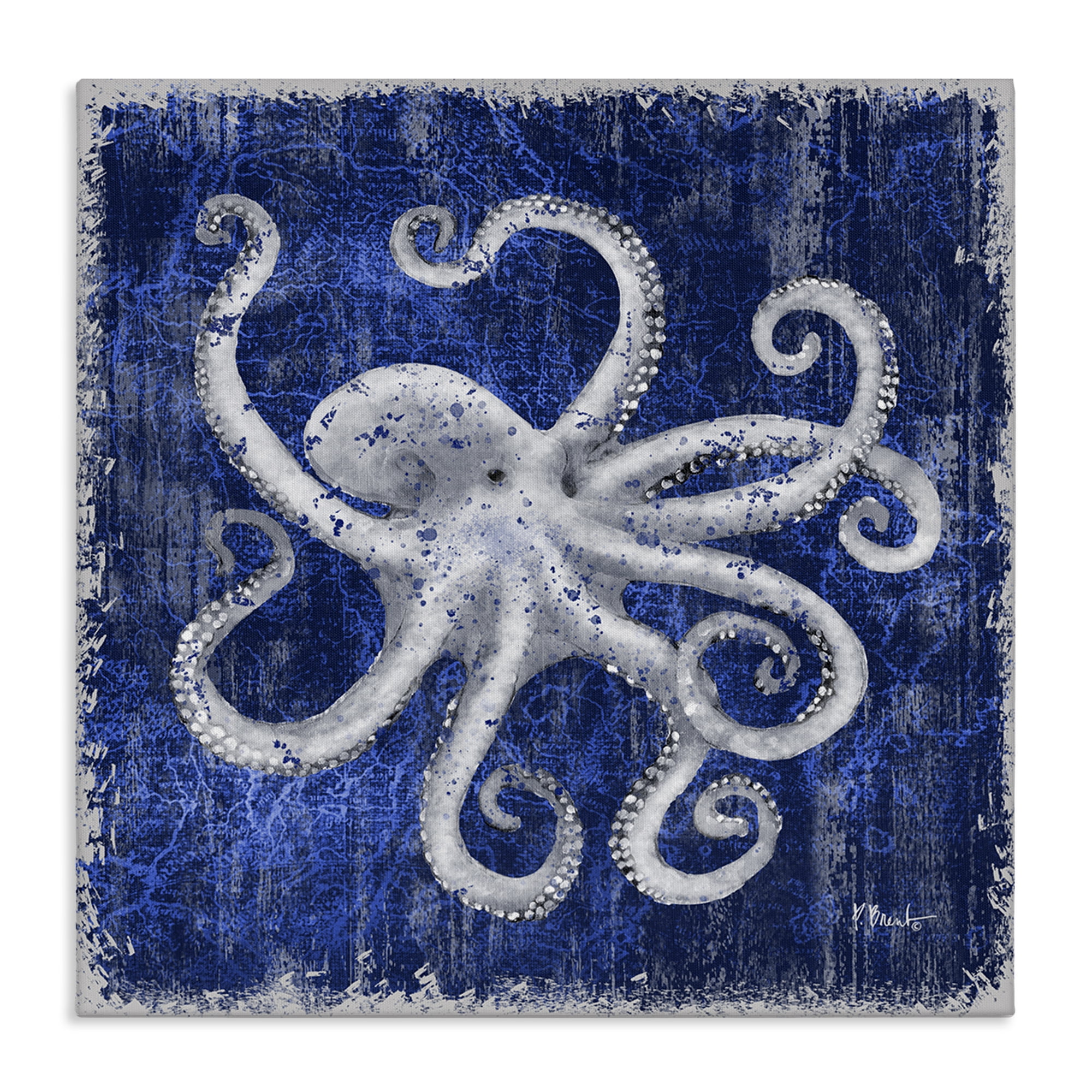 Stupell Industries Rustic Indigo Octopus Nautical & Beach Painting Wrapped Canvas Art Print Wall Art, 24 x 24