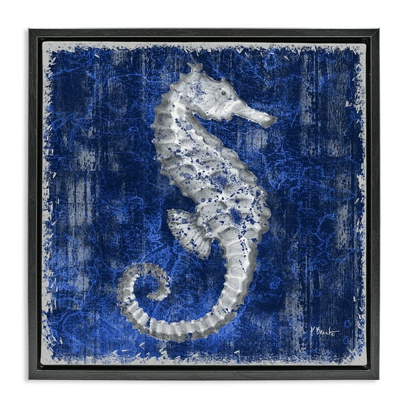 Stupell Industries Rustic Indigo Seahorse Nautical & Beach Painting Black Floater Framed Canvas Art Print Wall Art, 18 x 18