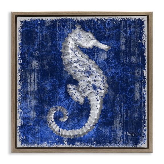 Stupell Industries Rustic Indigo Seahorse Nautical & Beach Painting Brown Floater Framed Canvas Art Print Wall Art, 25 x 25