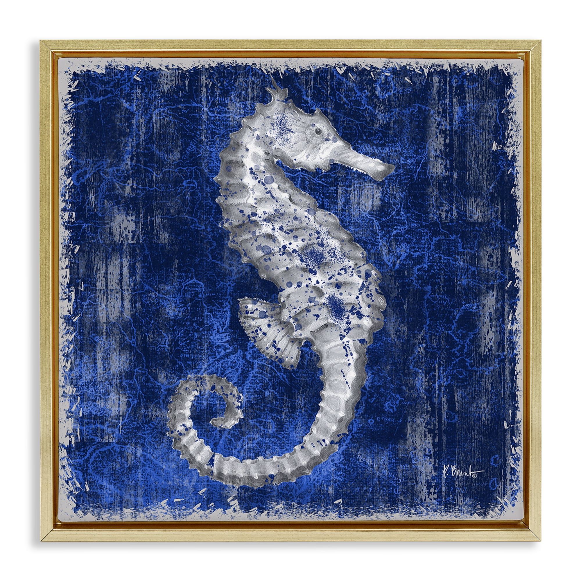 Stupell Industries Rustic Indigo Seahorse Nautical & Beach Painting Gold Floater Framed Canvas Art Print Wall Art, 25 x 25
