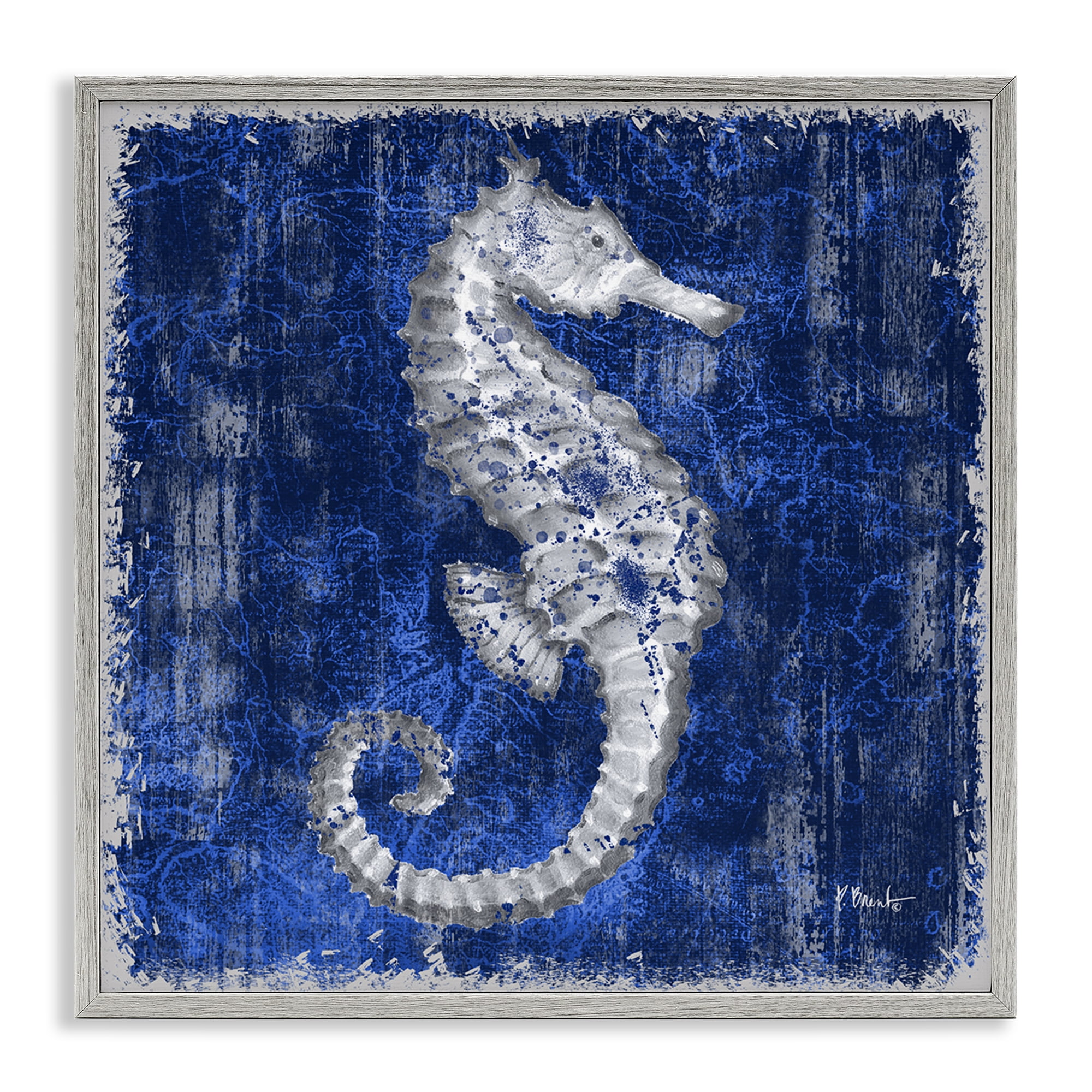 Stupell Industries Rustic Indigo Seahorse Nautical & Beach Painting Gray Framed Art Print Wall Art, 17 x 17