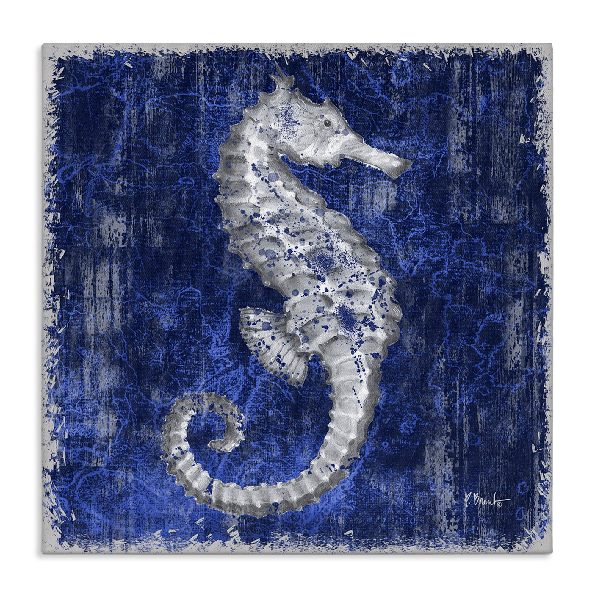 Stupell Industries Rustic Indigo Seahorse Nautical & Beach Painting Wrapped Canvas Art Print Wall Art, 17 x 17