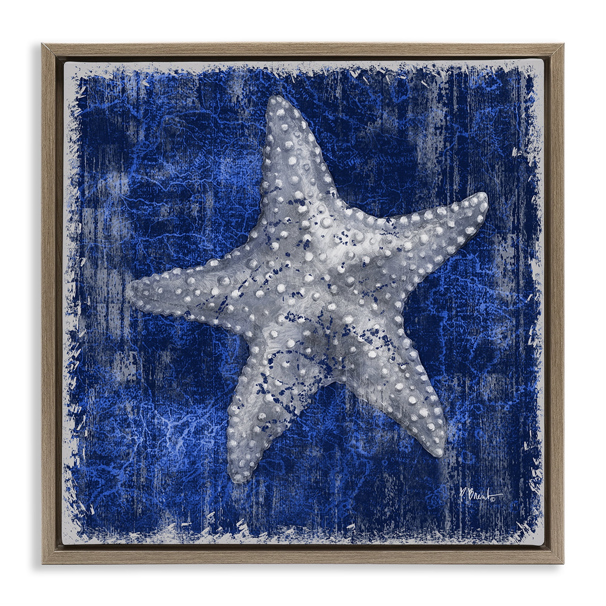 Stupell Industries Rustic Indigo Starfish Nautical & Beach Painting Brown Floater Framed Canvas Art Print Wall Art, 25 x 25