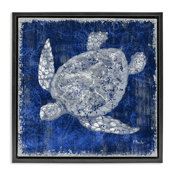 Stupell Industries Rustic Indigo Turtle Nautical & Beach Painting Black Floater Framed Canvas Art Print Wall Art, 18 x 18