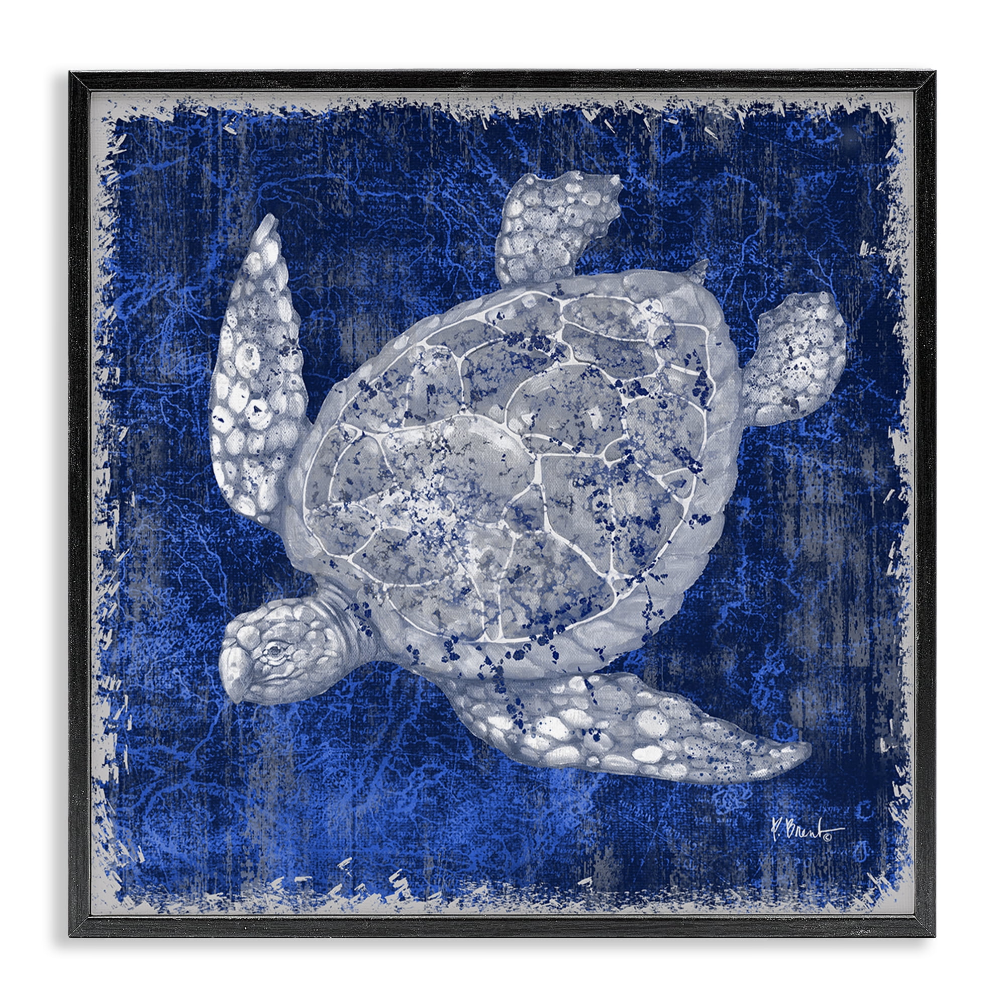 Stupell Industries Rustic Indigo Turtle Nautical & Beach Painting Black Framed Art Print Wall Art, 12 x 12