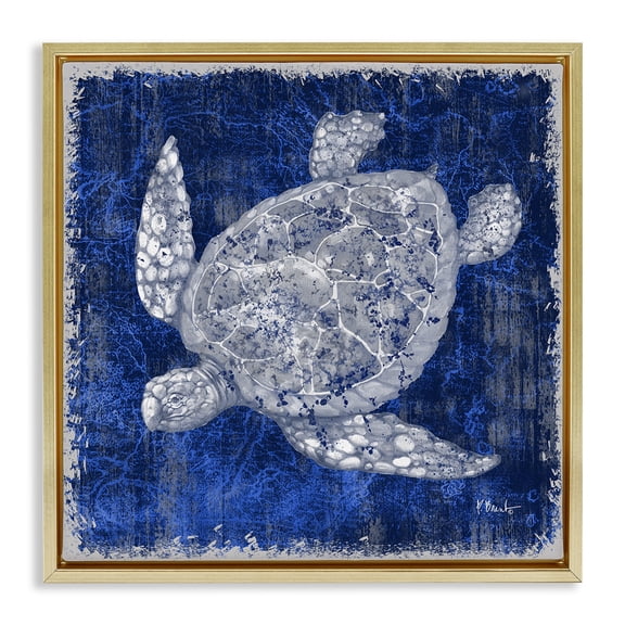 Stupell Industries Rustic Indigo Turtle Nautical & Beach Painting Gold Floater Framed Canvas Art Print Wall Art, 18 x 18