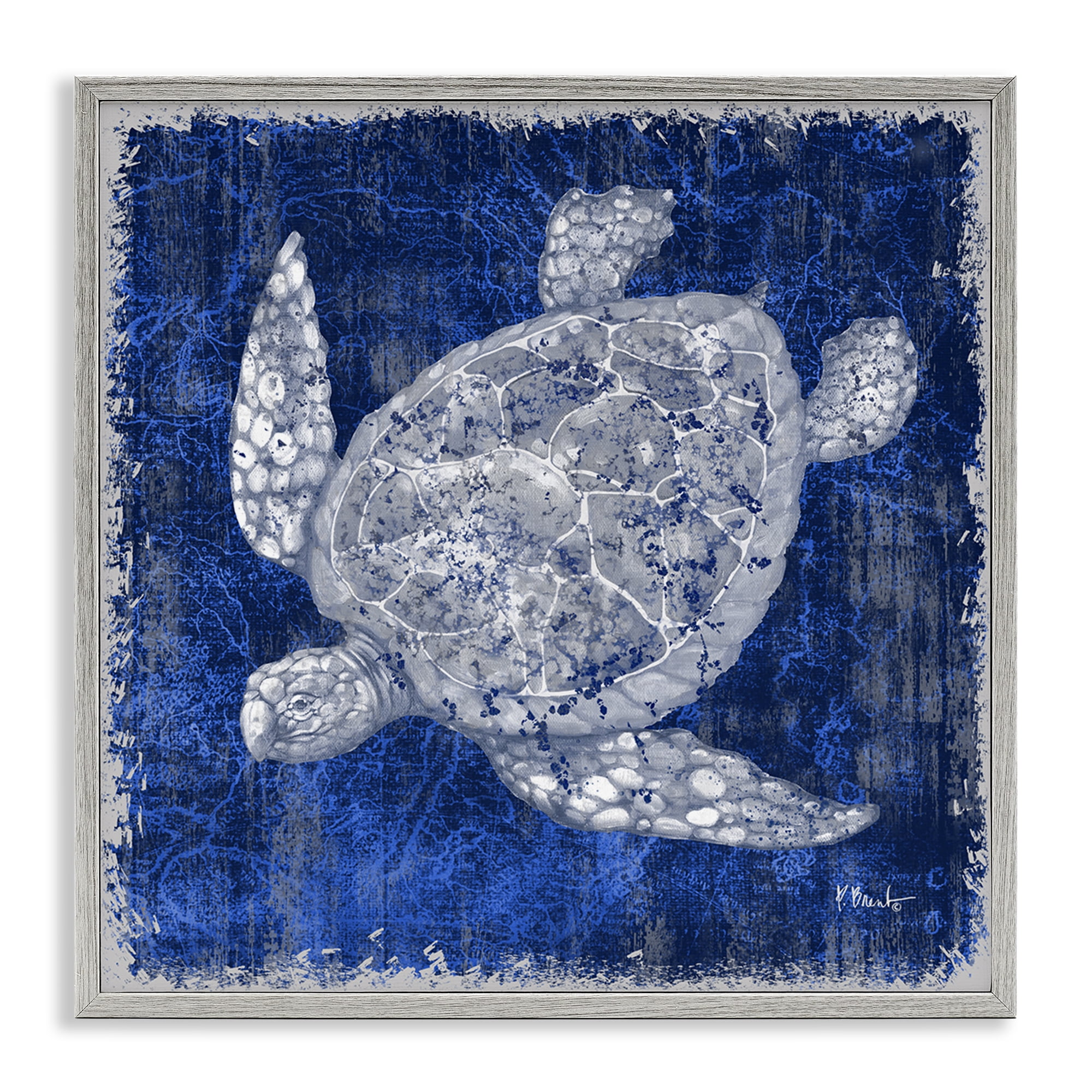 Stupell Industries Rustic Indigo Turtle Nautical & Beach Painting Gray Framed Art Print Wall Art, 17 x 17