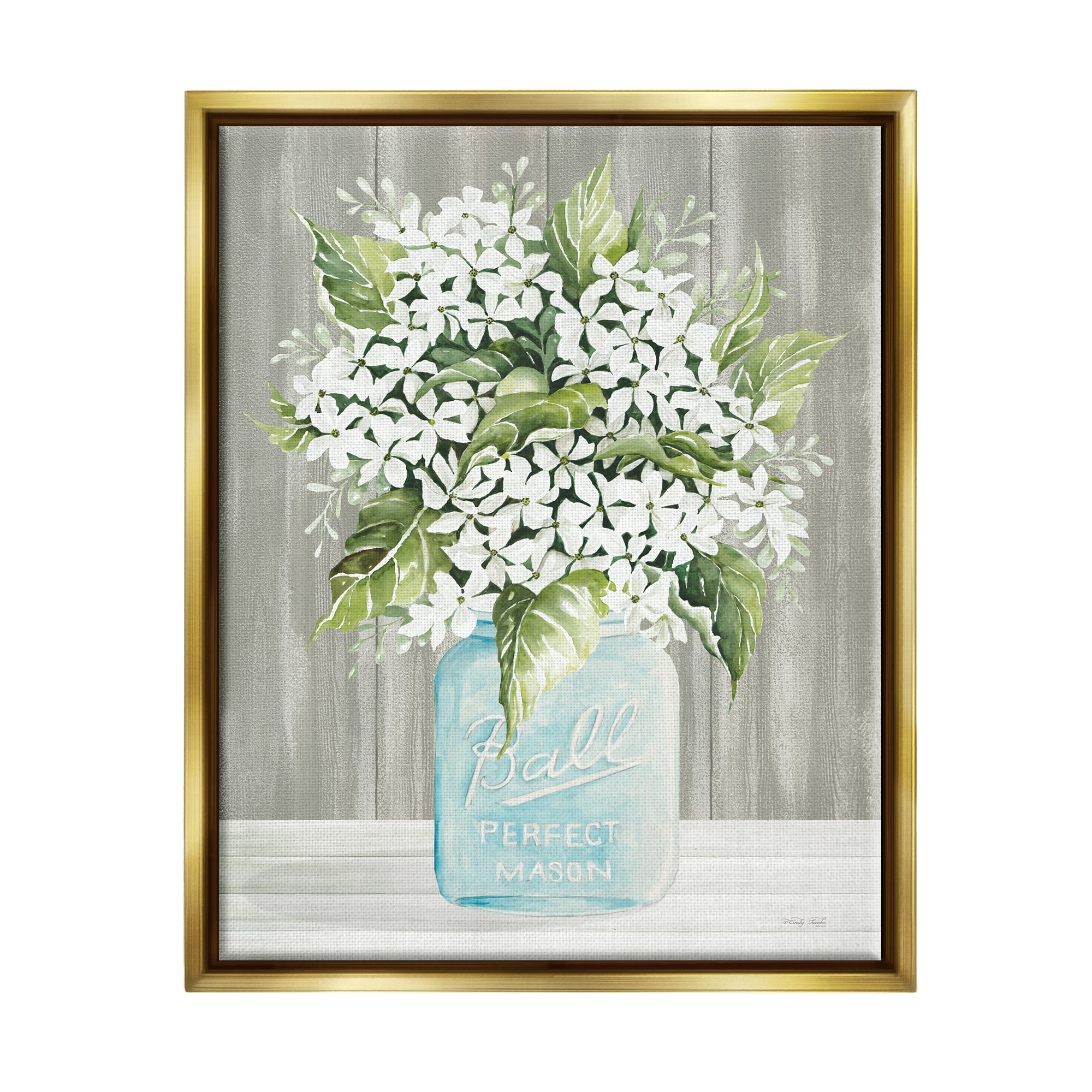 Stupell Industries Rustic Jar Bouquet Botanical & Floral Painting Gold Floater Framed Canvas Art Print Wall Art, 25 x 31