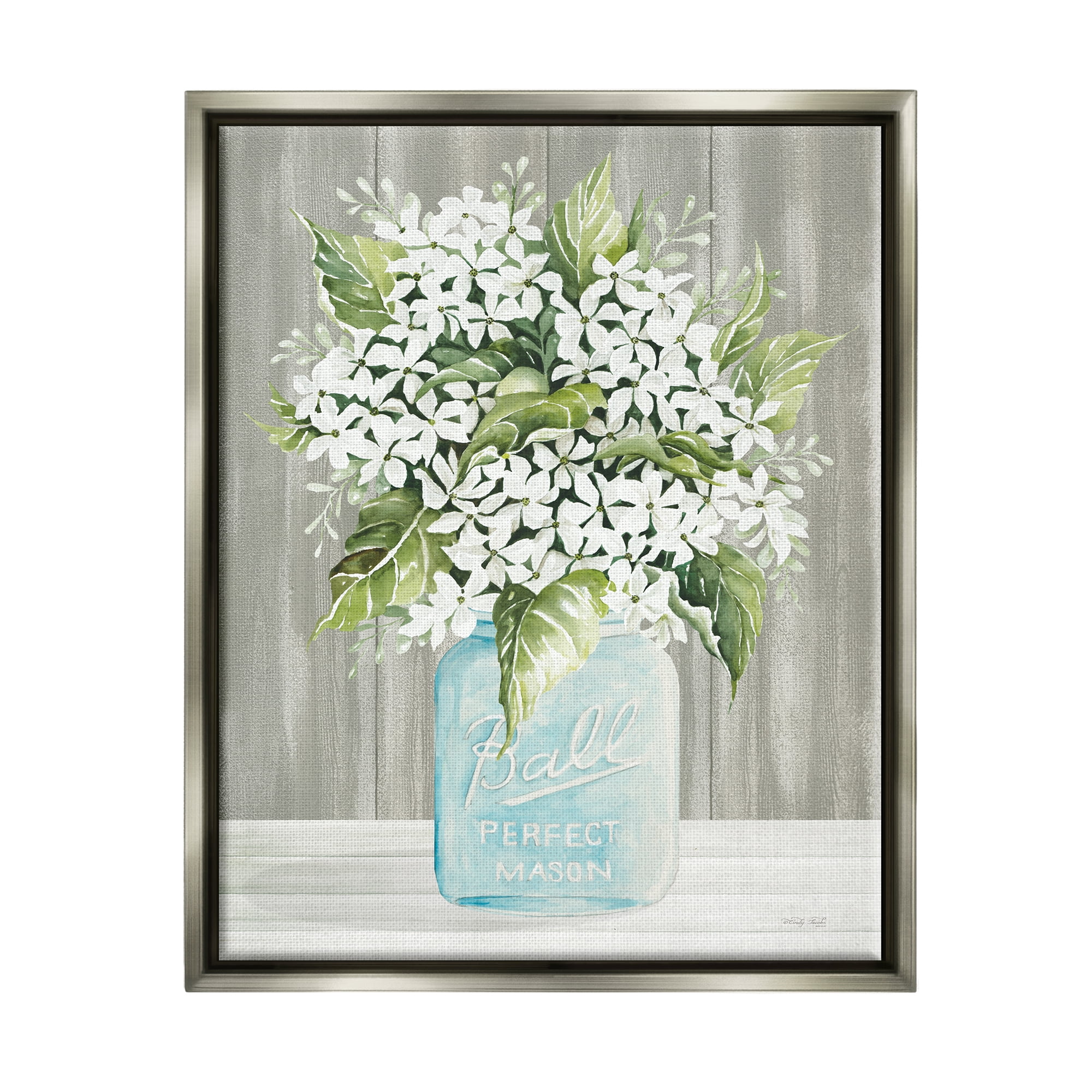 Stupell Industries Rustic Jar Bouquet Botanical & Floral Painting Gray Floater Framed Canvas Art Print Wall Art, 17 x 21