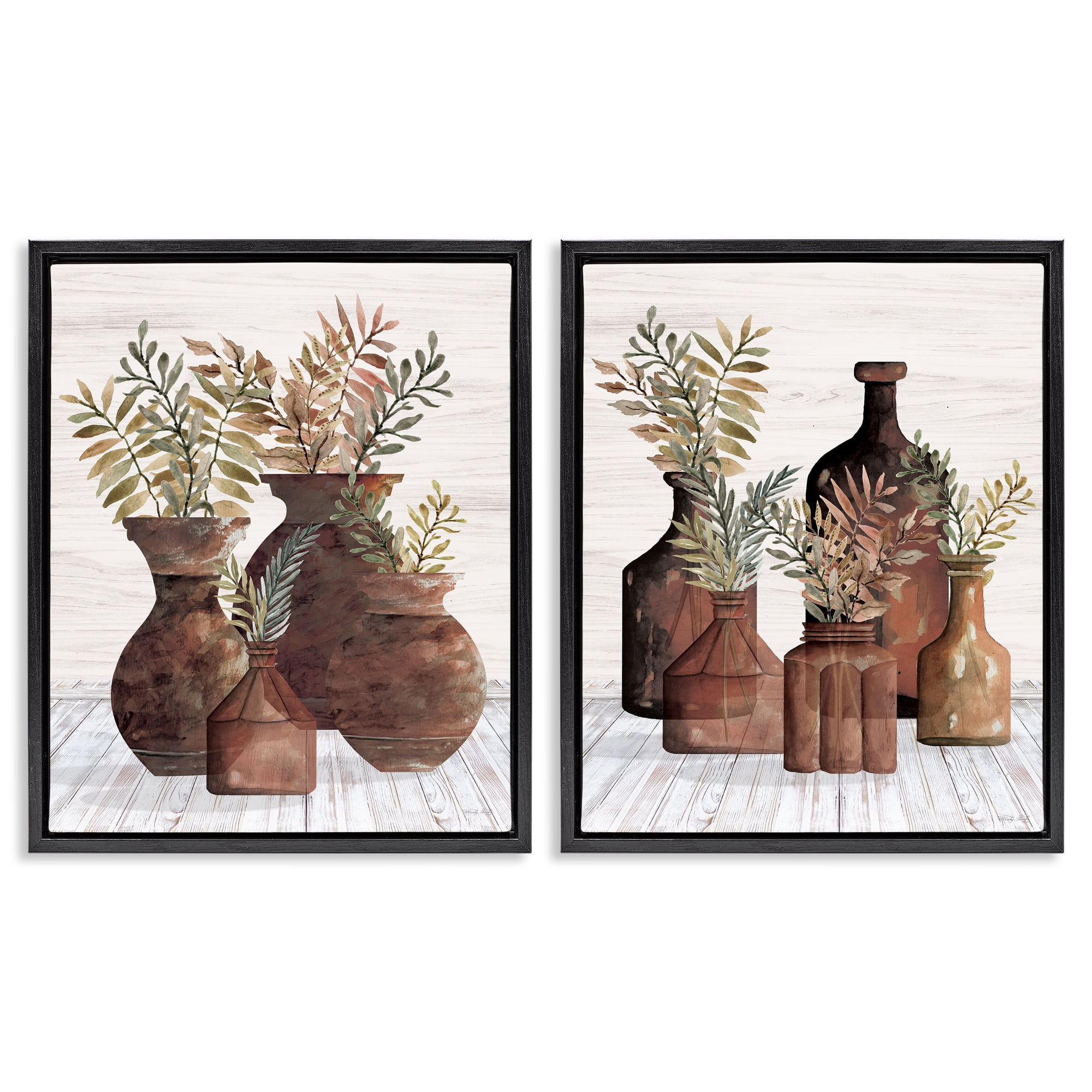 Stupell Industries Rustic Jars of Flowers Floral & Botanical Painting Black Floater Framed Canvas Art Print Wall Art, 17 x 21, Set of 2