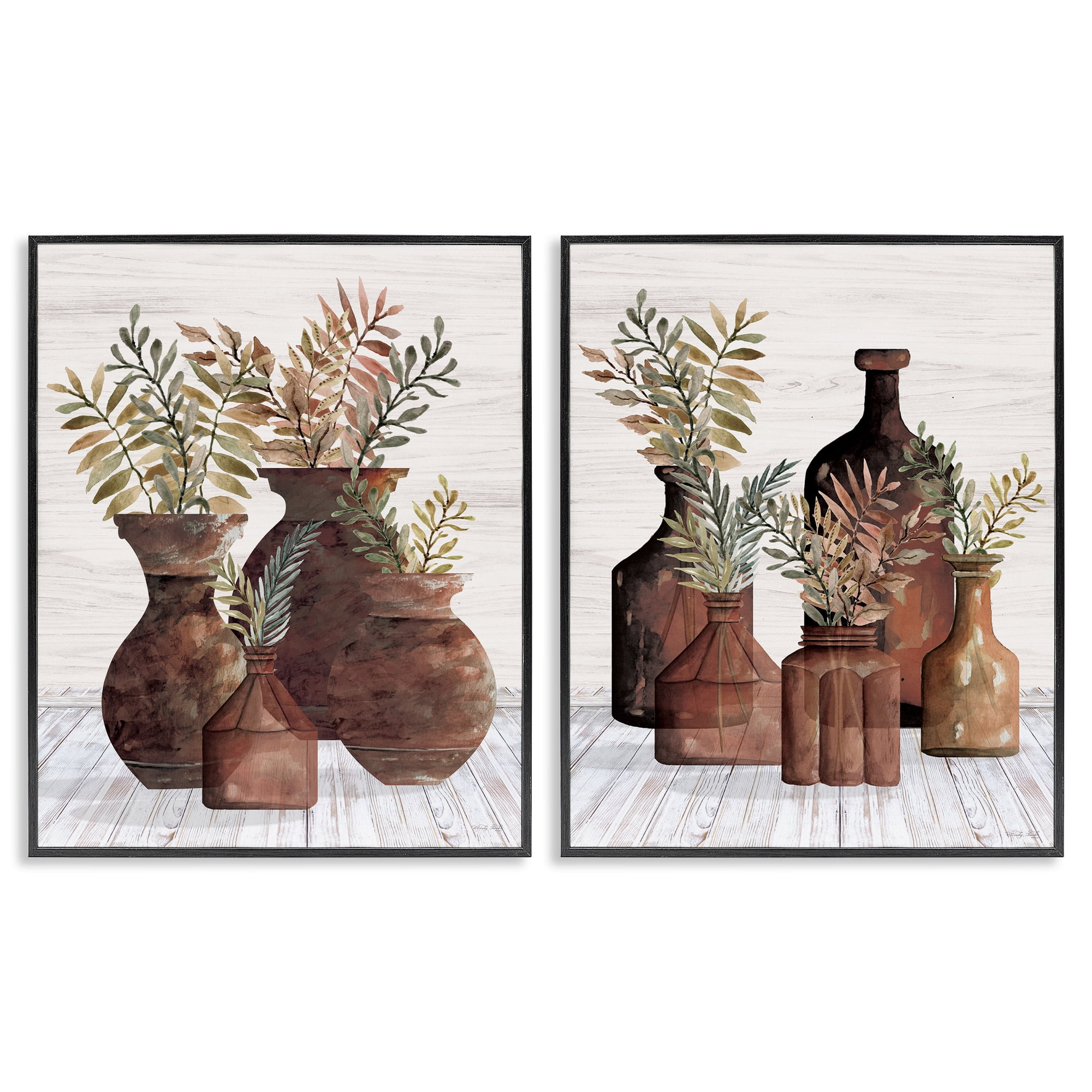 Stupell Industries Rustic Jars of Flowers Floral & Botanical Painting Black Framed Art Print Wall Art, 16 x 20, Set of 2