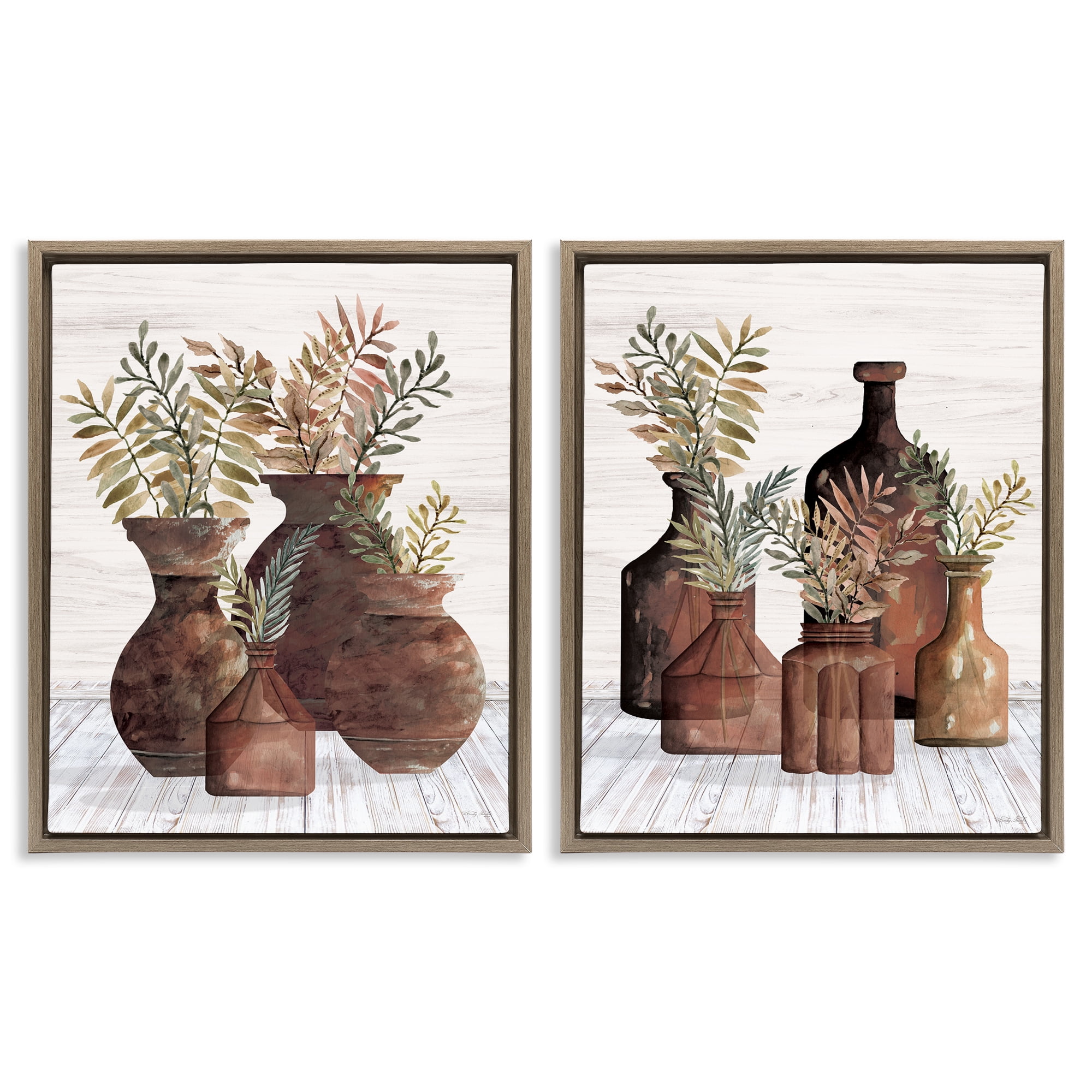 Stupell Industries Rustic Jars of Flowers Floral & Botanical Painting Brown Floater Framed Canvas Art Print Wall Art, 17 x 21, Set of 2