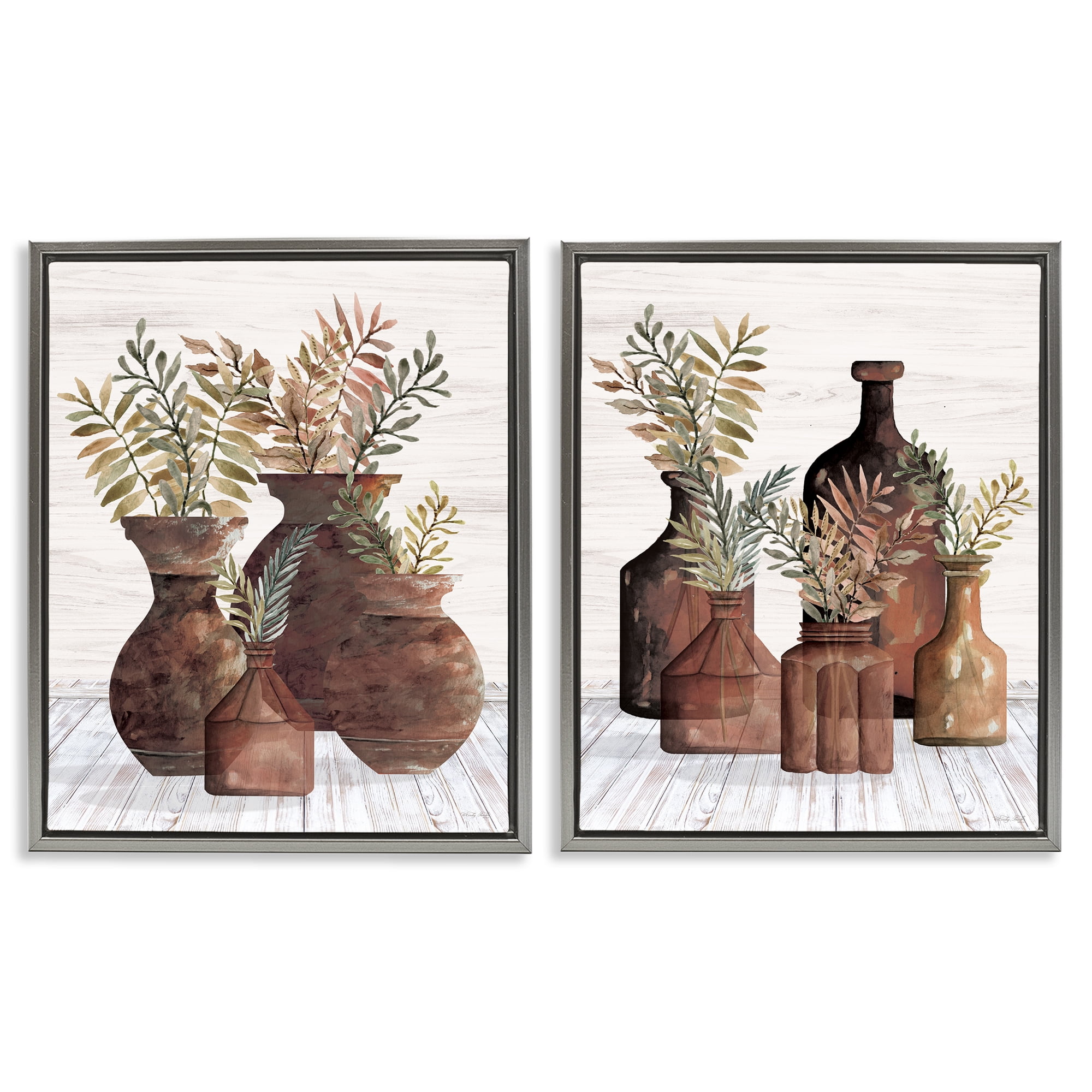 Stupell Industries Rustic Jars of Flowers Floral & Botanical Painting Gray Floater Framed Canvas Art Print Wall Art, 17 x 21, Set of 2