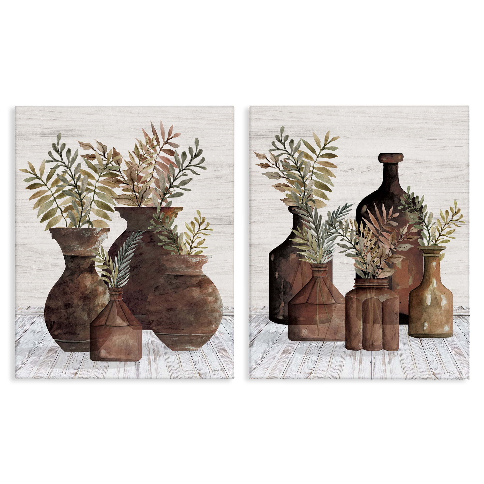 Stupell Industries Rustic Jars of Flowers Floral & Botanical Painting Wrapped Canvas Art Print Wall Art, 16 x 20, Set of 2