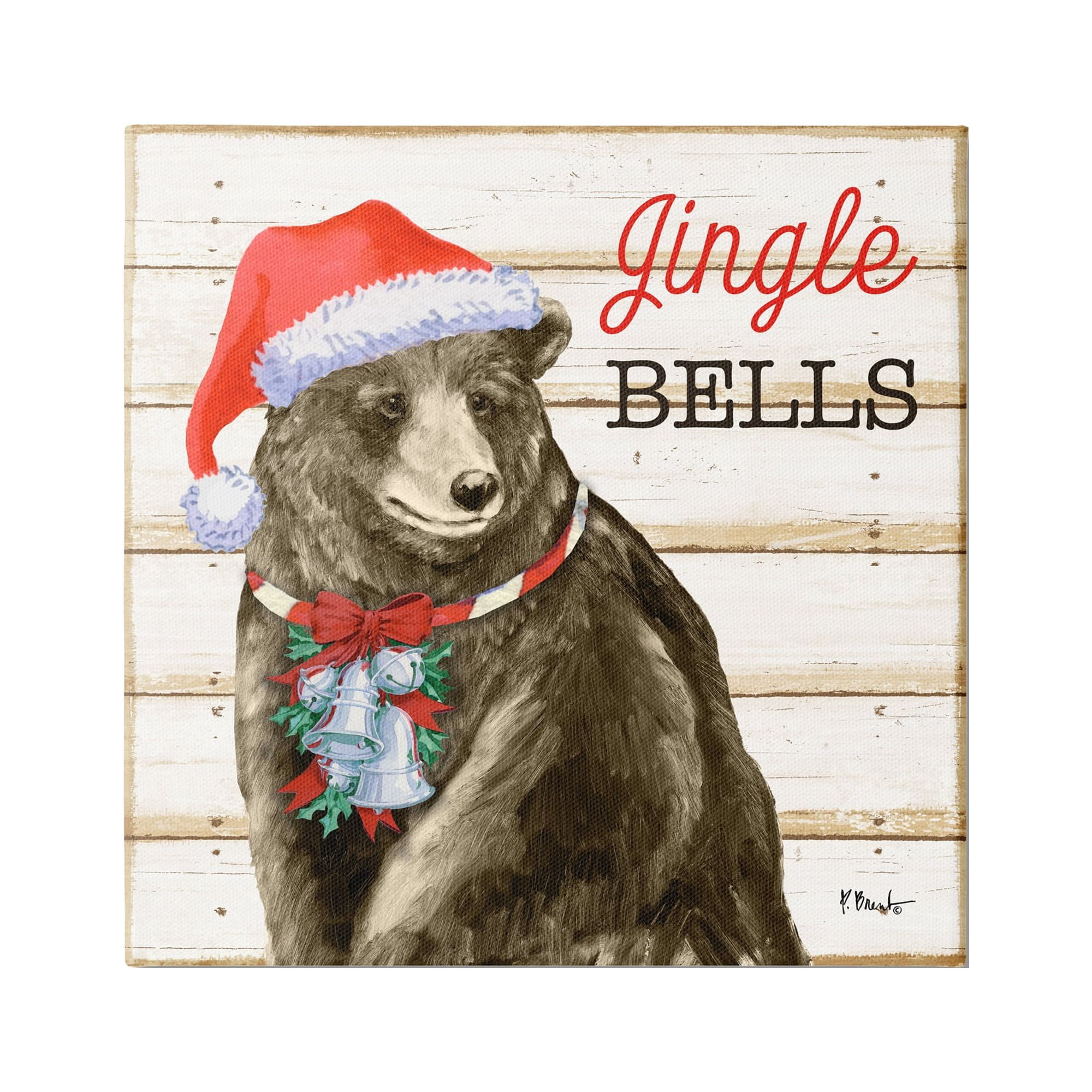 Stupell Industries Rustic Jingle Bells Bear Holiday Painting Gallery Wrapped Canvas Print Wall Art, 30 x 30