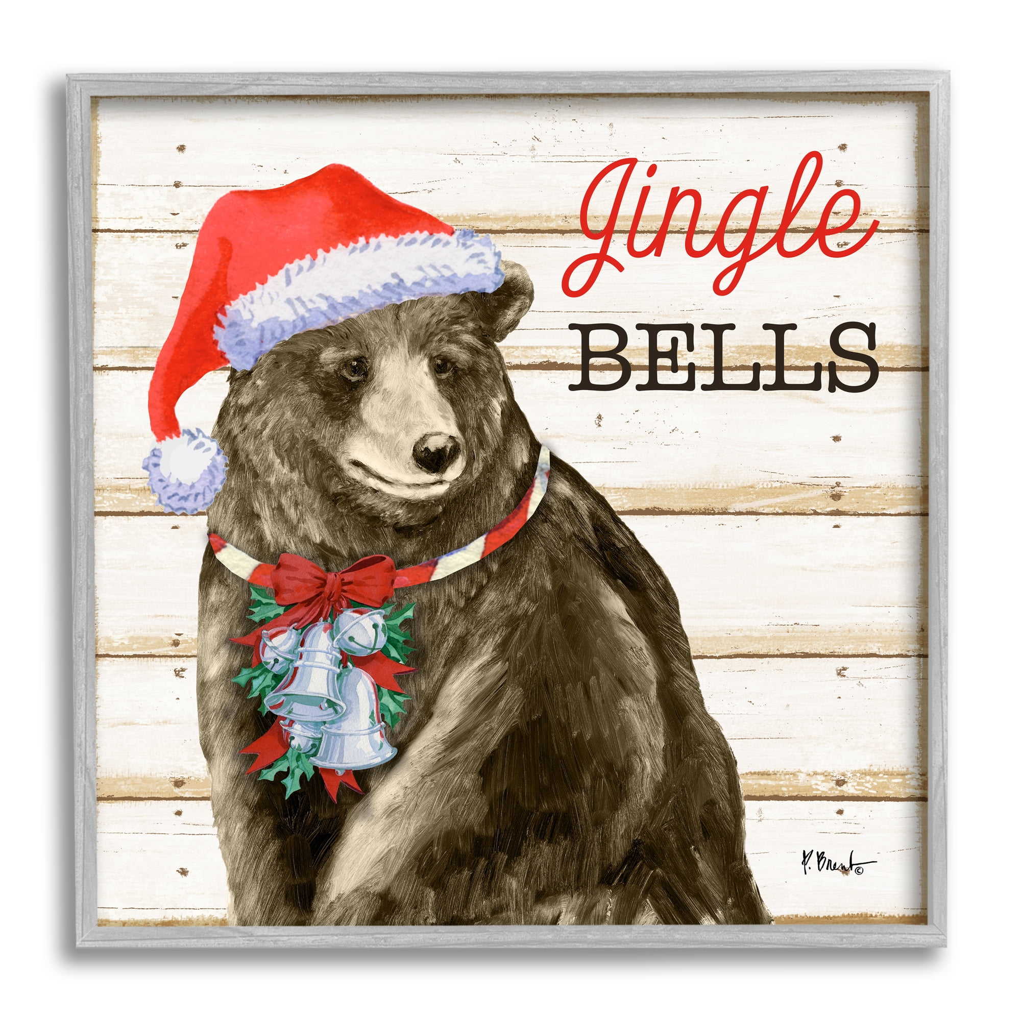 Stupell Industries Rustic Jingle Bells Bear Holiday Painting Gray Framed Art Print Wall Art, 24 x 24