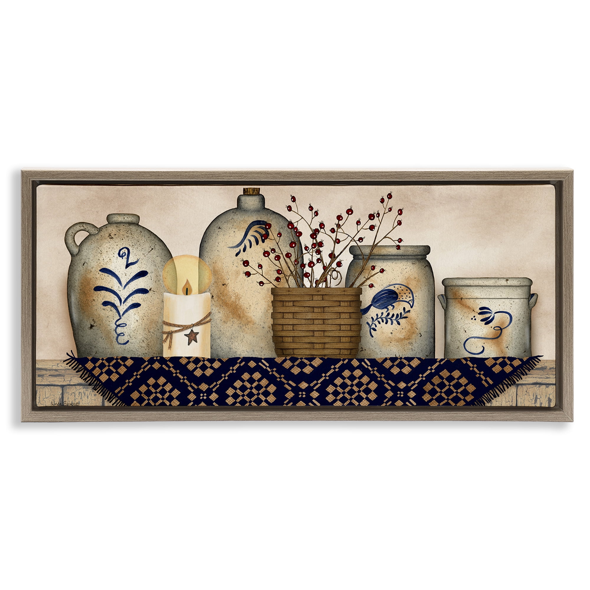 Stupell Industries Rustic Kitchen Jars Botanical & Floral Painting Brown Floater Framed Canvas Art Print Wall Art, 25 x 11