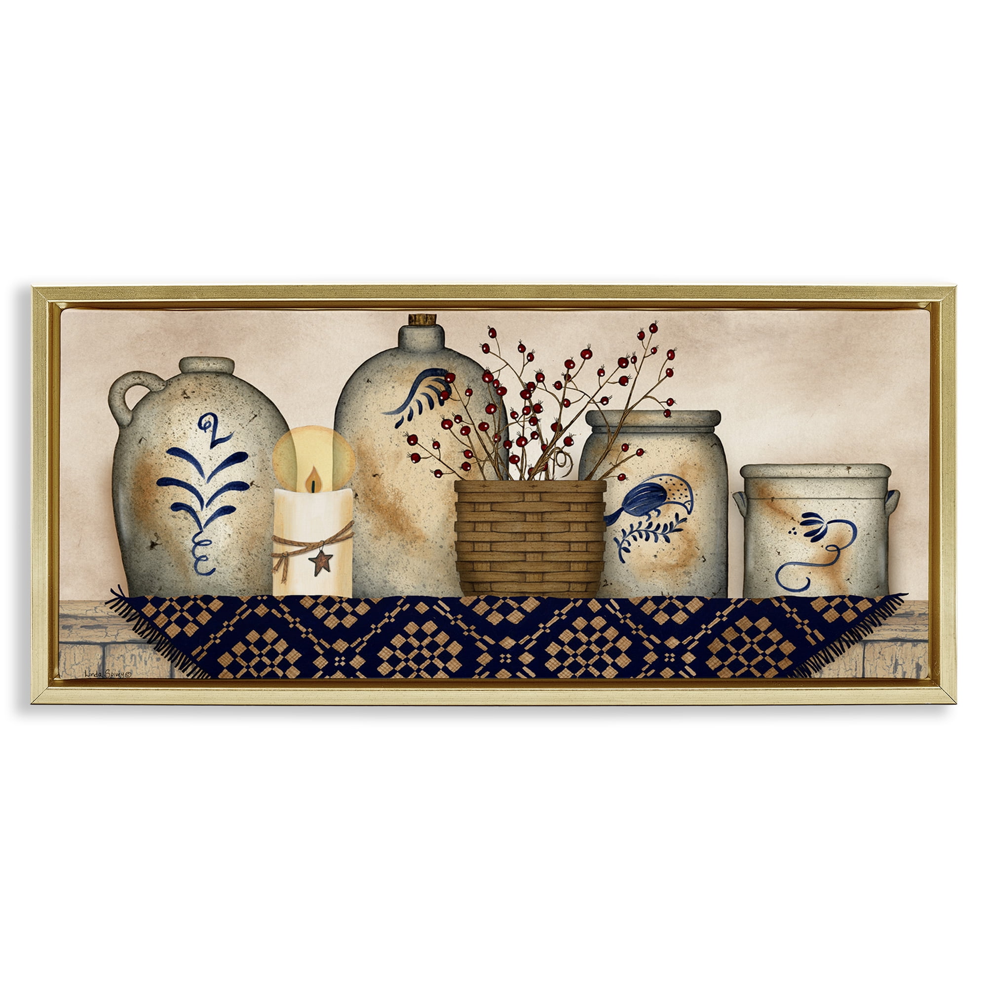 Stupell Industries Rustic Kitchen Jars Botanical & Floral Painting Gold Floater Framed Canvas Art Print Wall Art, 31 x 14
