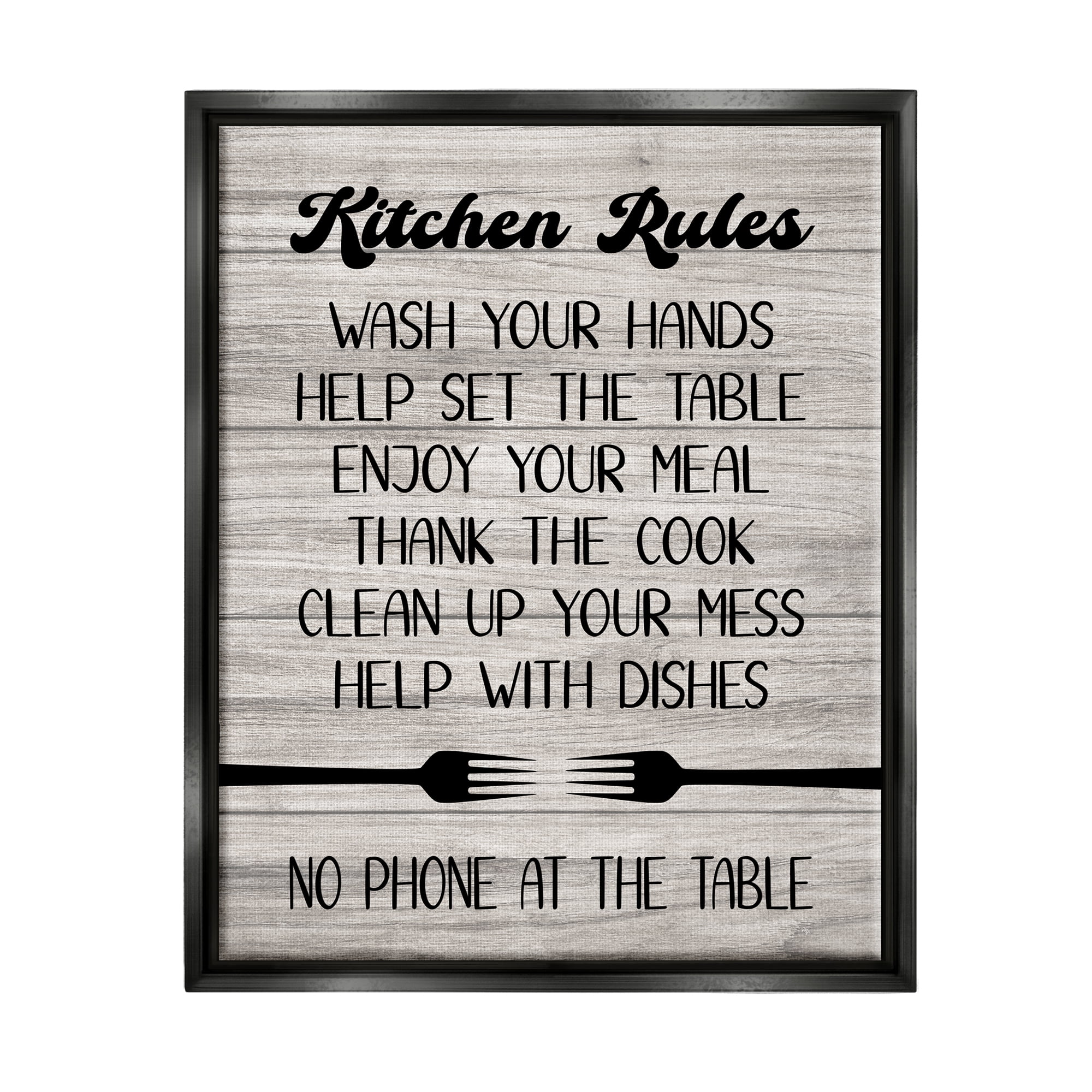 Stupell Industries Rustic Kitchen Rules Food & Beverage Painting Black Floater Framed Canvas Art Print Wall Art, 17 x 21