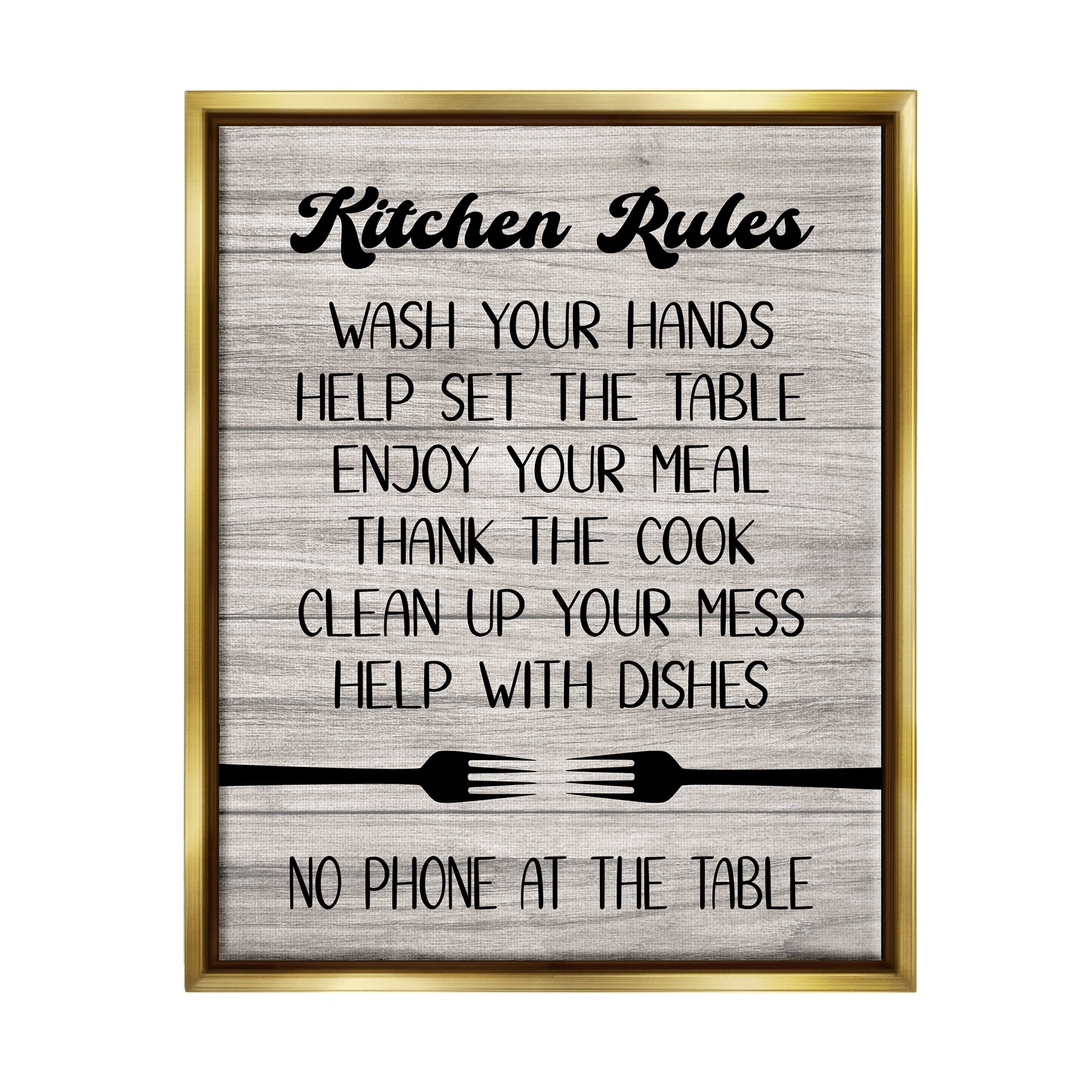 Stupell Industries Rustic Kitchen Rules Food & Beverage Painting Gold Floater Framed Canvas Art Print Wall Art, 17 x 21