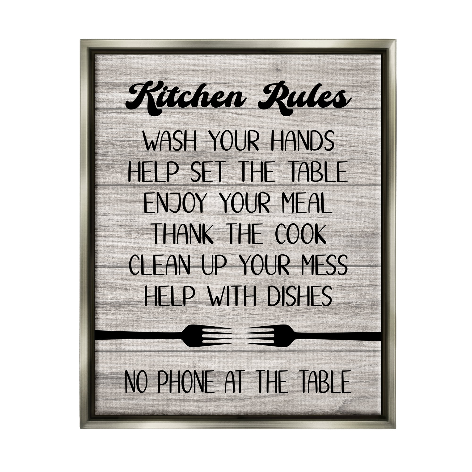 Stupell Industries Rustic Kitchen Rules Food & Beverage Painting Gray Floater Framed Canvas Art Print Wall Art, 17 x 21