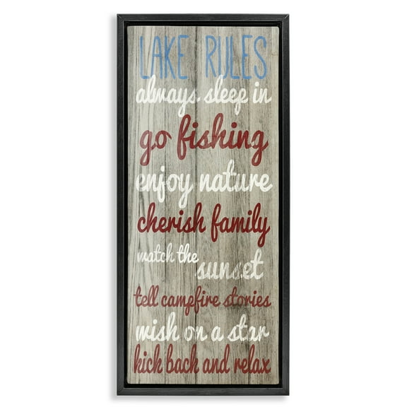 Stupell Industries Rustic Lake Rules Typography Painting Black Floater Framed Canvas Art Print Wall Art, 11 x 25
