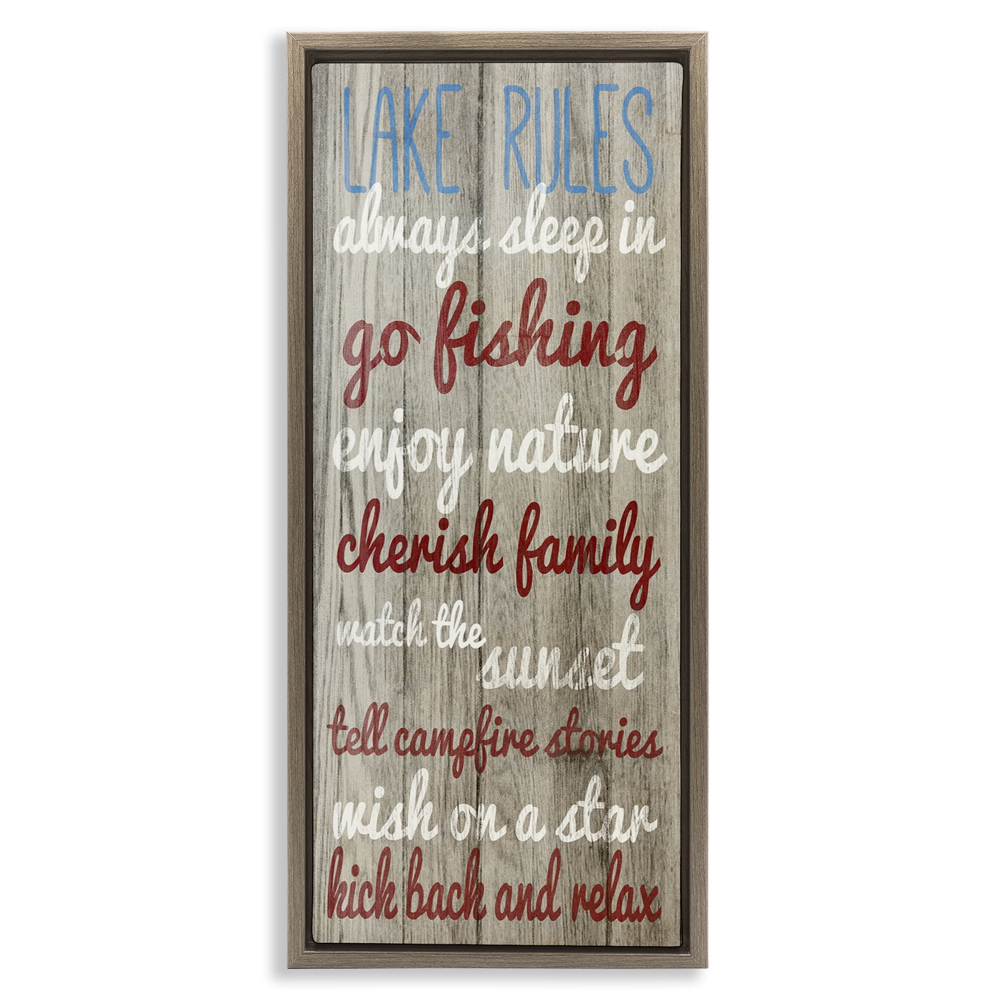 Stupell Industries Rustic Lake Rules Typography Painting Brown Floater Framed Canvas Art Print Wall Art, 11 x 25