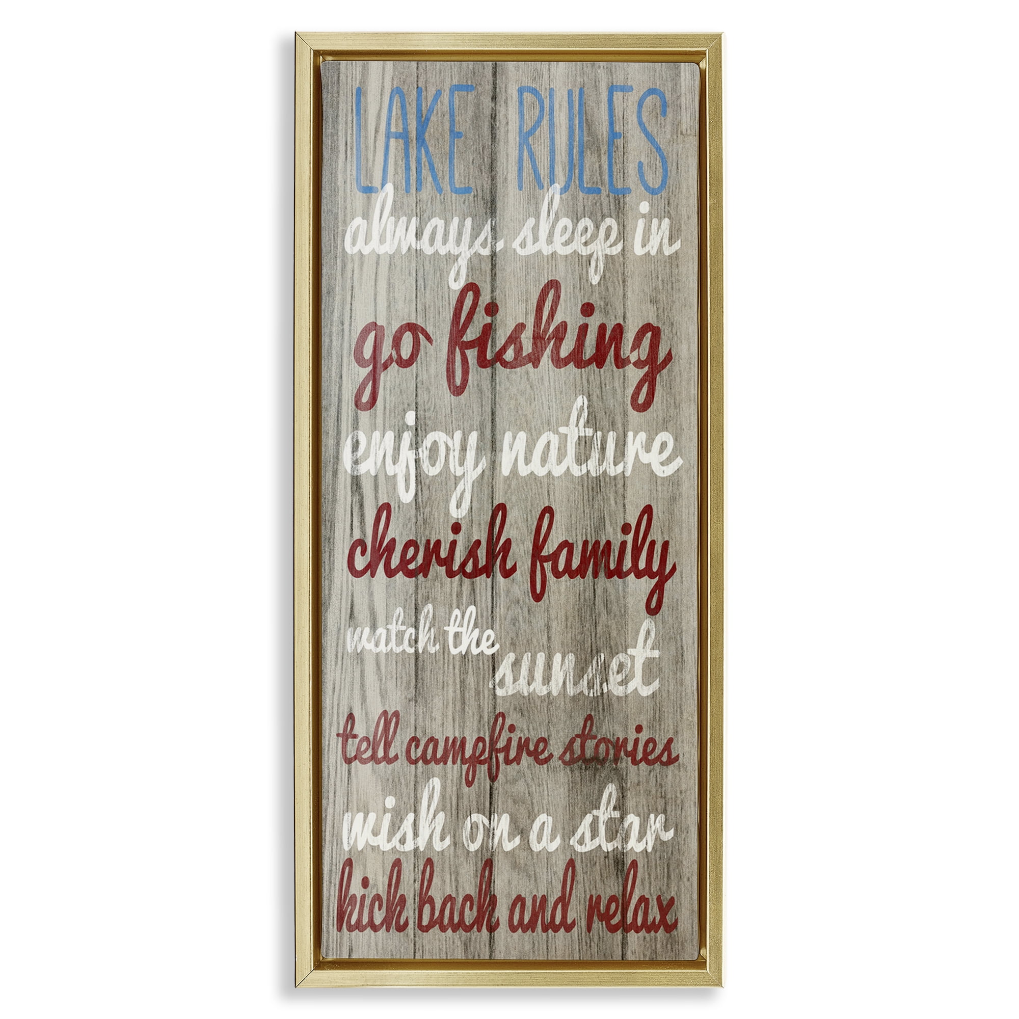 Stupell Industries Rustic Lake Rules Typography Painting Gold Floater Framed Canvas Art Print Wall Art, 15 x 31