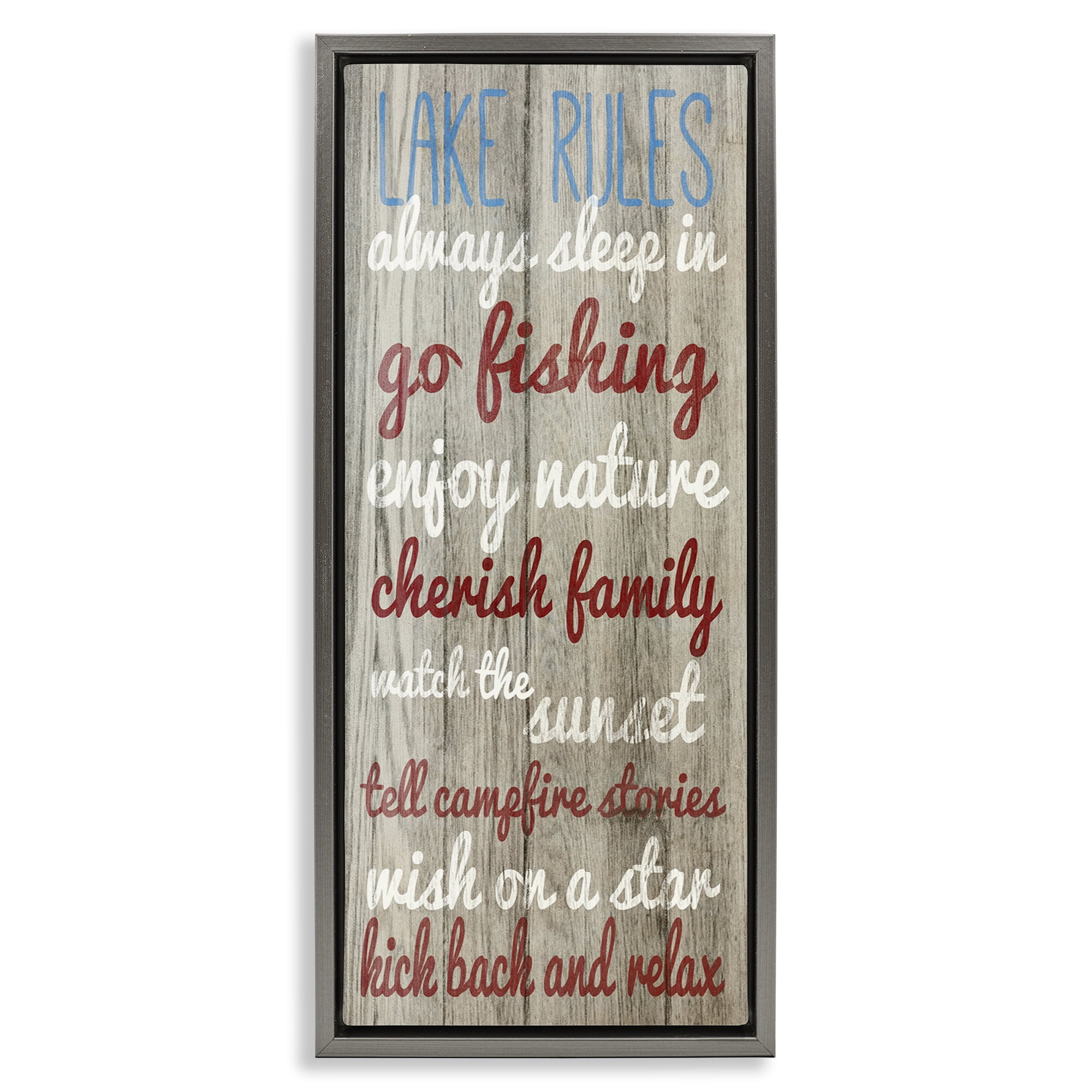 Stupell Industries Rustic Lake Rules Typography Painting Gray Floater Framed Canvas Art Print Wall Art, 15 x 31
