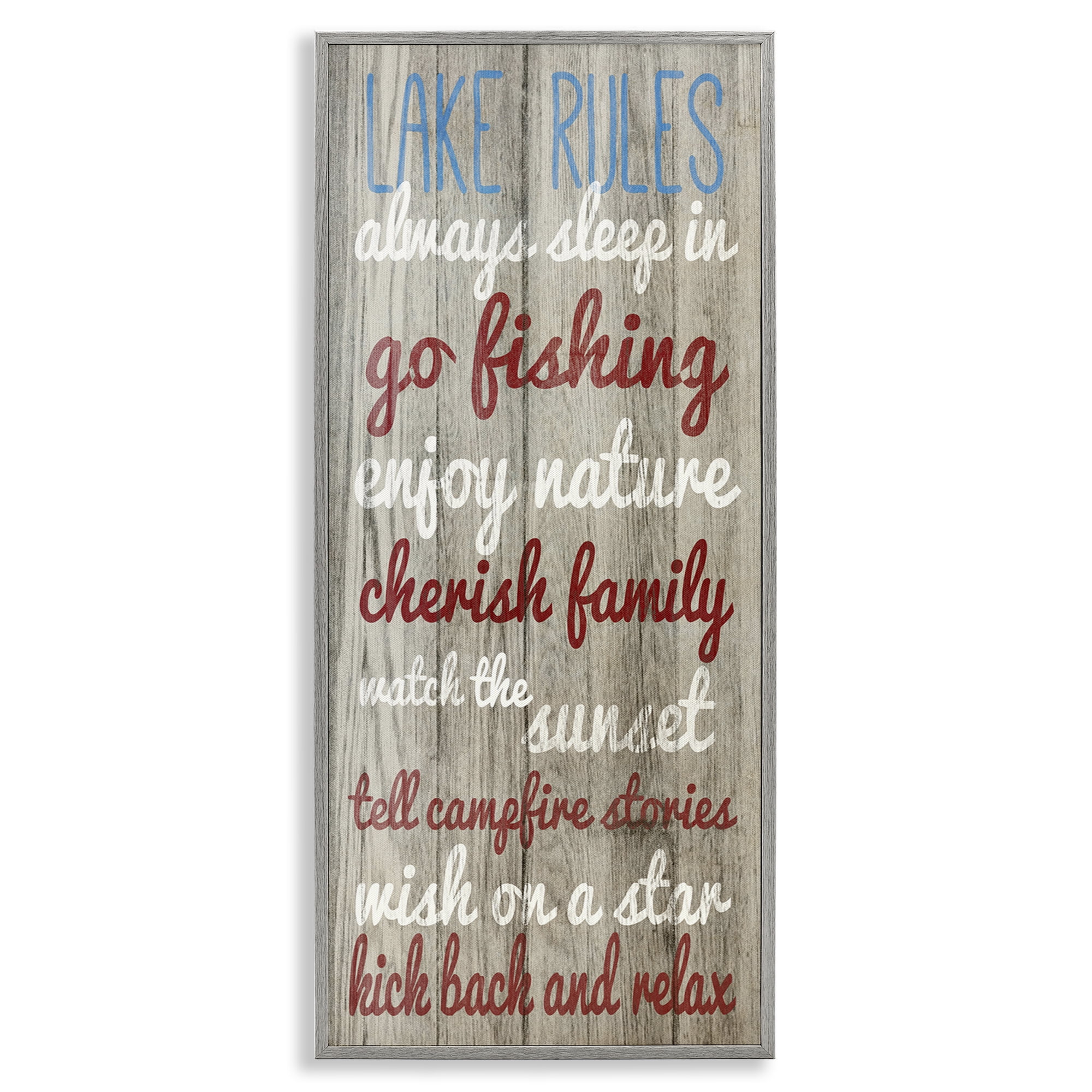 Stupell Industries Rustic Lake Rules Typography Painting Gray Framed Art Print Wall Art, 10 x 24