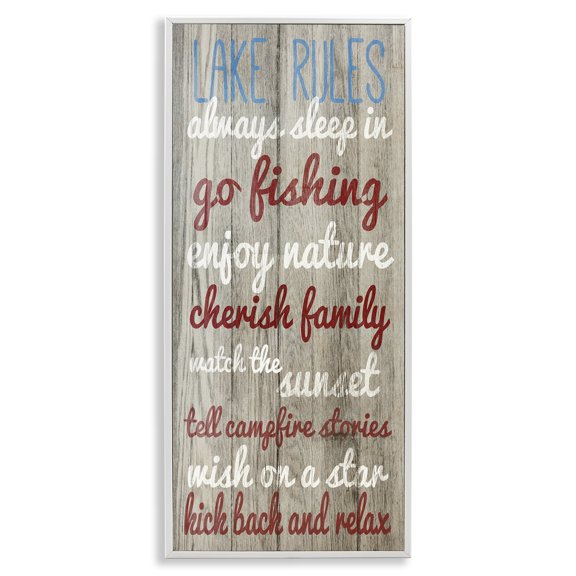 Stupell Industries Rustic Lake Rules Typography Painting White Framed Art Print Wall Art, 10 x 24
