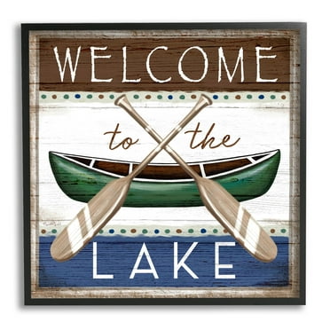 Stupell Industries Rustic Lake Welcome Canoe Sign Graphic Art Black Framed Art Print Wall Art, Design by Elizabeth Tyndall