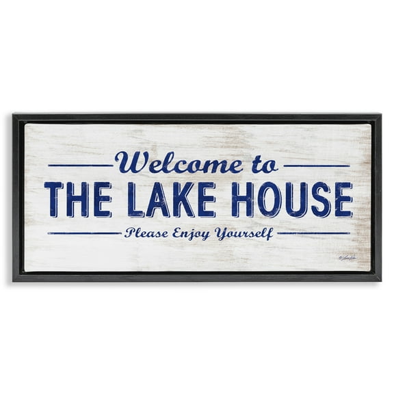Stupell Industries Rustic Lakehouse Welcome Typography Painting Black Floater Framed Canvas Art Print Wall Art, 25 x 11