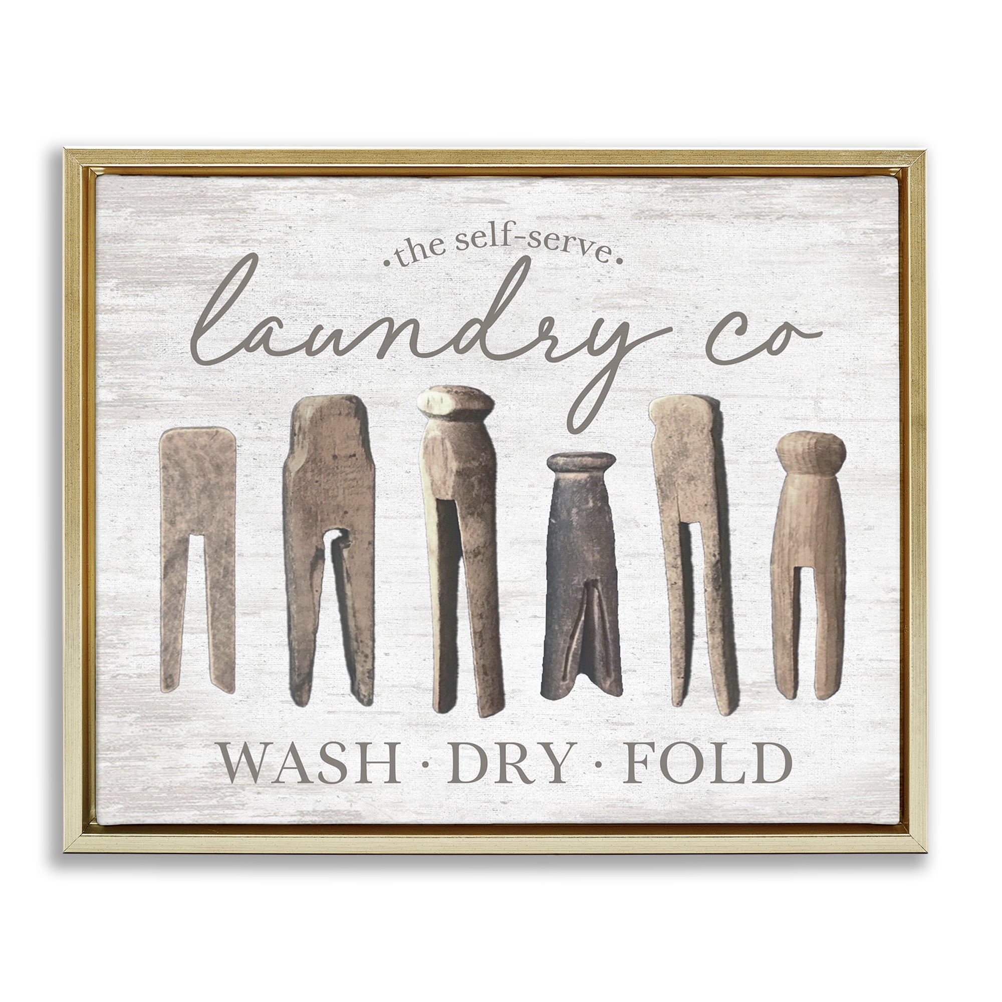 Stupell Industries Rustic Laundry Clothespins Typography Painting Gold Floater Framed Art Print Wall Art, 21 x 17