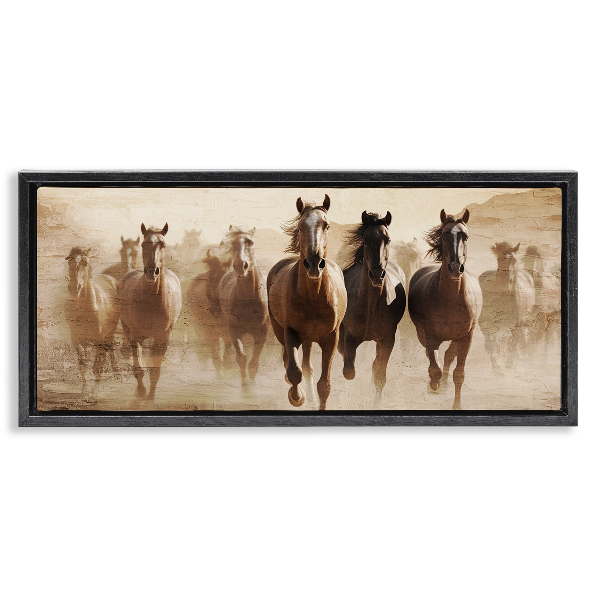 Stupell Industries Rustic Layered Gallop Animals Painting Black Floater Framed Canvas Art Print Wall Art, 31 x 14