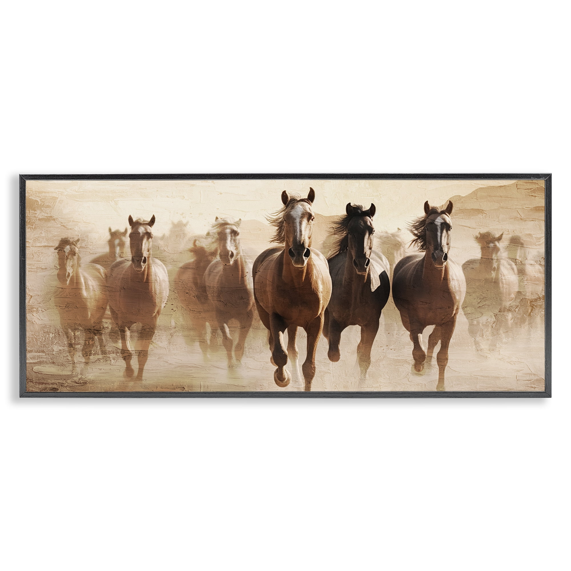 Stupell Industries Rustic Layered Gallop Animals Painting Black Framed Art Print Wall Art, 30 x 13