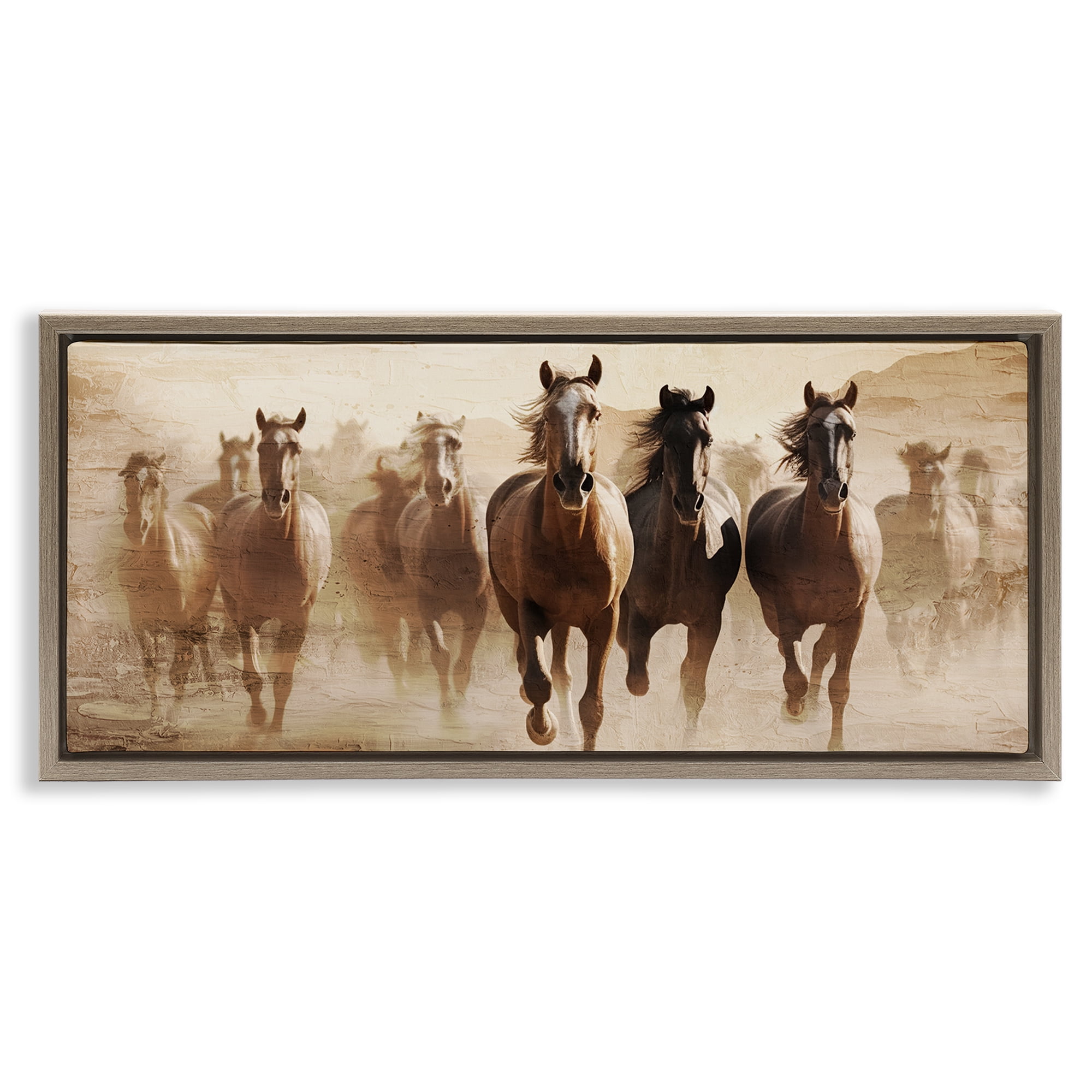 Stupell Industries Rustic Layered Gallop Animals Painting Brown Floater Framed Canvas Art Print Wall Art, 25 x 11