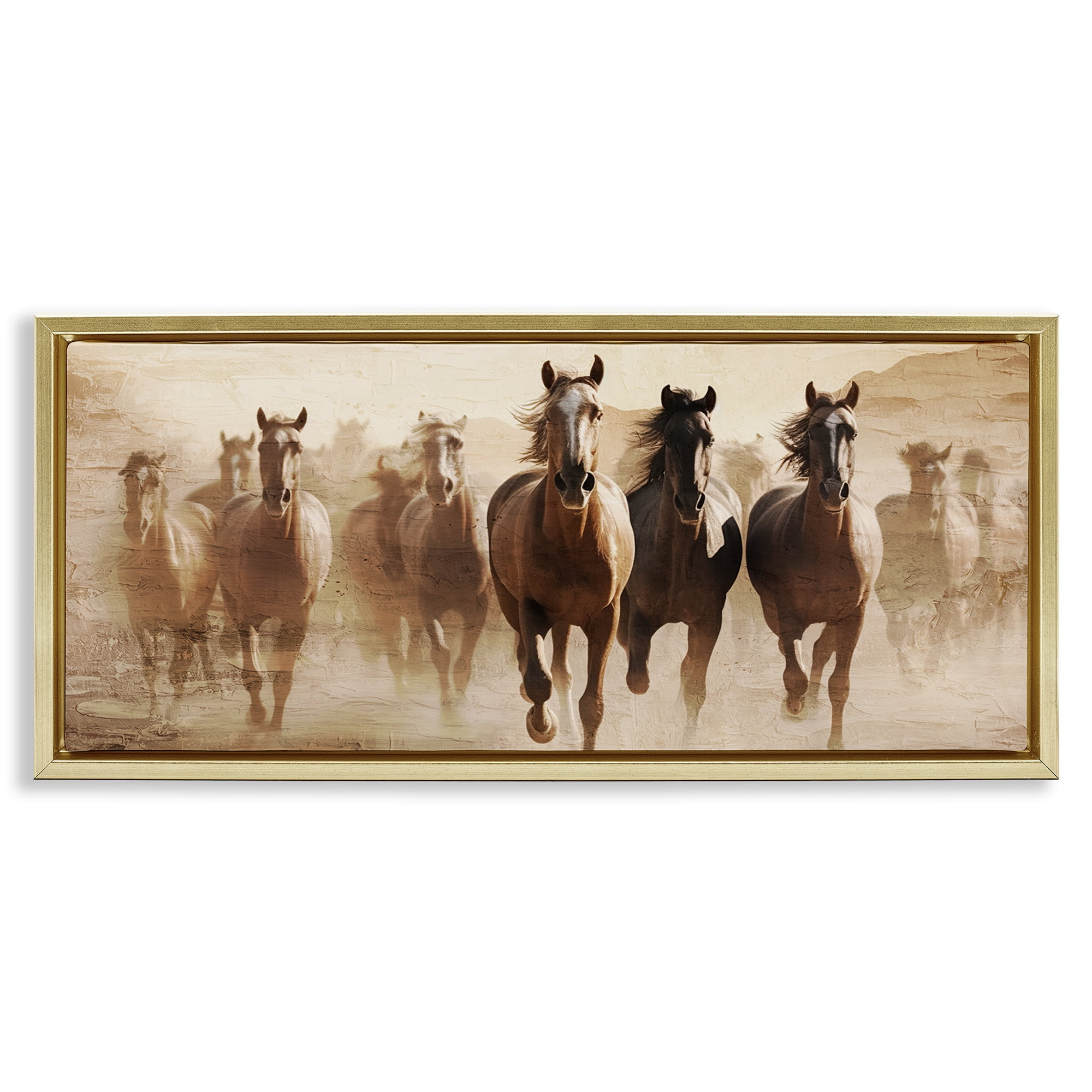 Stupell Industries Rustic Layered Gallop Animals Painting Gold Floater Framed Canvas Art Print Wall Art, 25 x 11