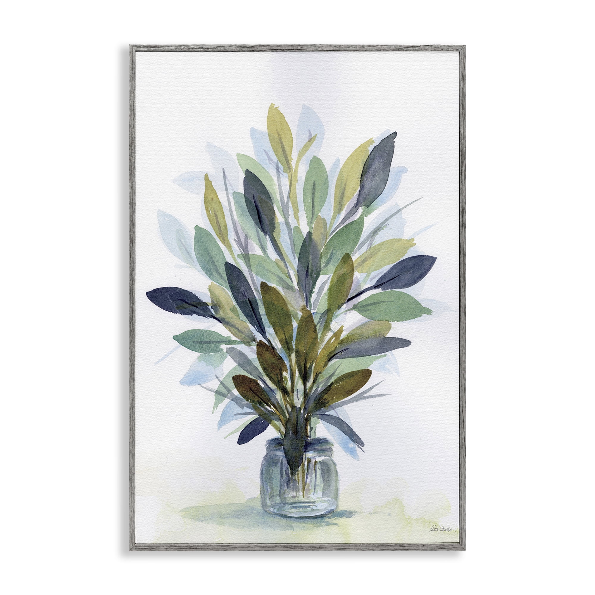 Stupell Industries Rustic Leaves Jar Botanical & Floral Painting Gray Framed Art Print Wall Art, 12 x 18
