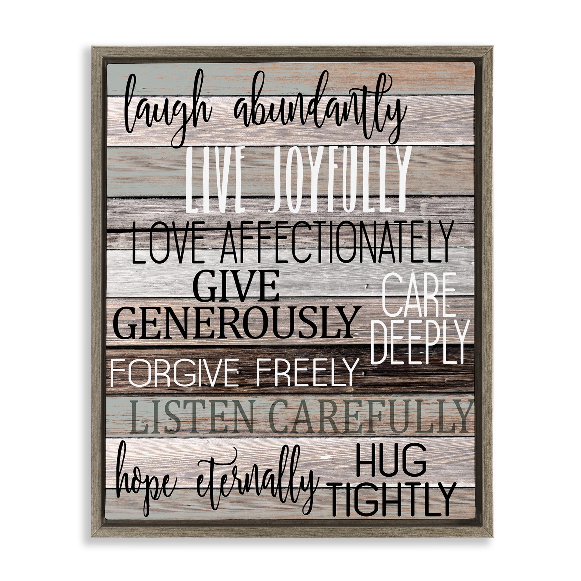 Stupell Industries Rustic Live Joyfully Phrases Typography Painting Brown Floater Framed Canvas Art Print Wall Art, 25 x 31
