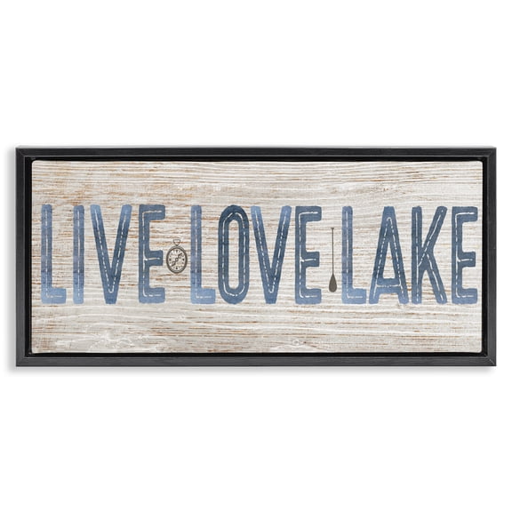 Stupell Industries Rustic Live Love Lake Quotes and Sayings Painting Black Floater Framed Canvas Art Print Wall Art, 31 x 14