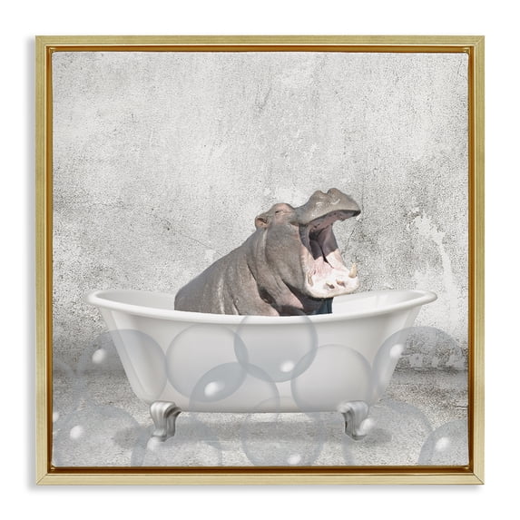 Stupell Industries Rustic Lodge Baby Hippo Bath Time Gold Floating Frame Canvas Art, 18 x 18, by Kim Allen