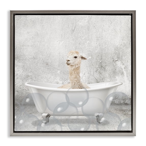 Stupell Industries Rustic Lodge Baby Llama Bath Time Gray Floating Frame Canvas Art, 18 x 18, by Kim Allen