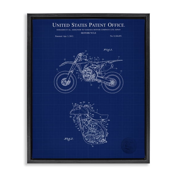 Stupell Industries Rustic Lodge Blue Motorcycle Blueprint Black Floating Frame Canvas Art, 25 x 31, by Karl Hronek