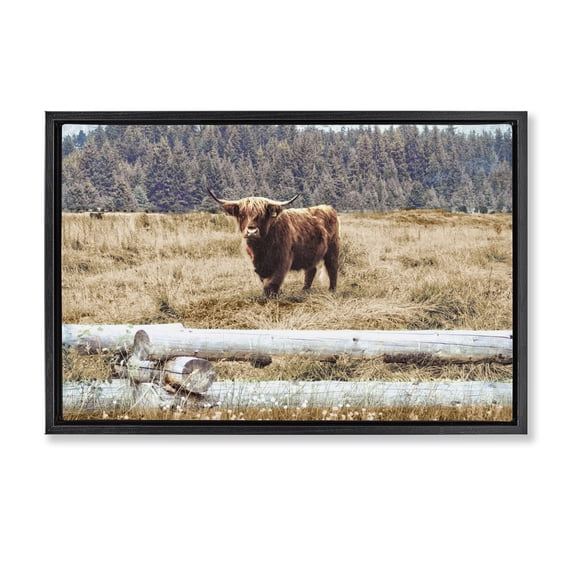 Stupell Industries Rustic Lodge Country Cattle with Fence Black Floating Frame Canvas Art, 25 x 17, by Gail Peck