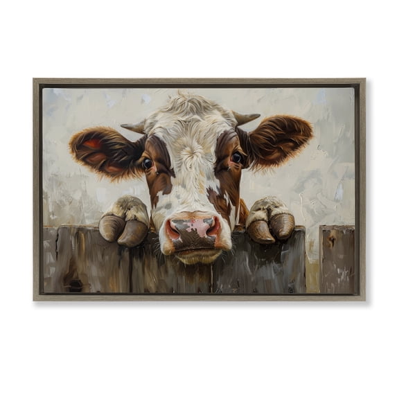 Stupell Industries Rustic Lodge Cow On Fence Brown Floating Frame Canvas Art, 31 x 21, by Petals Prints Design