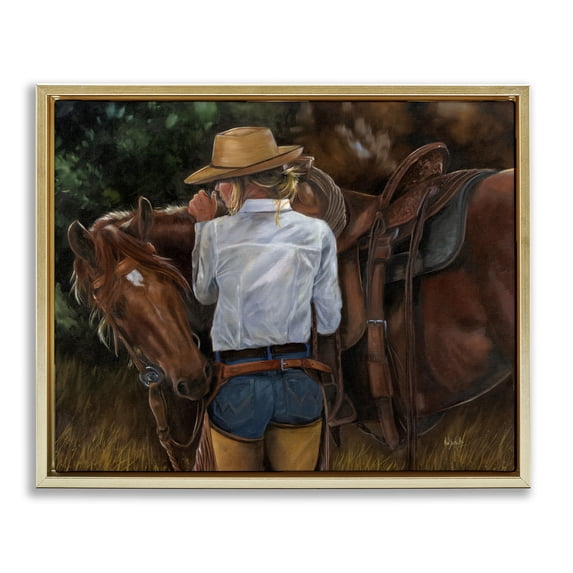 Stupell Industries Rustic Lodge Cowgirl Tending to Horse Gold Floating ...