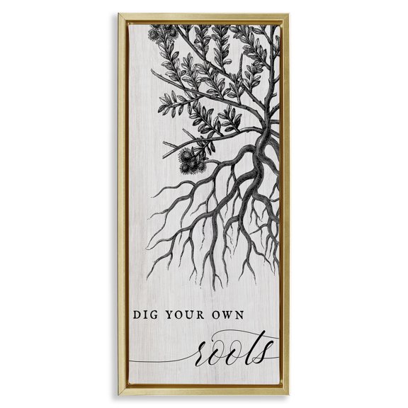 Stupell Industries Rustic Lodge Dig Your Own Roots Empowering Gold Floating Frame Canvas Art, 14 x 31, by Lil' Rue